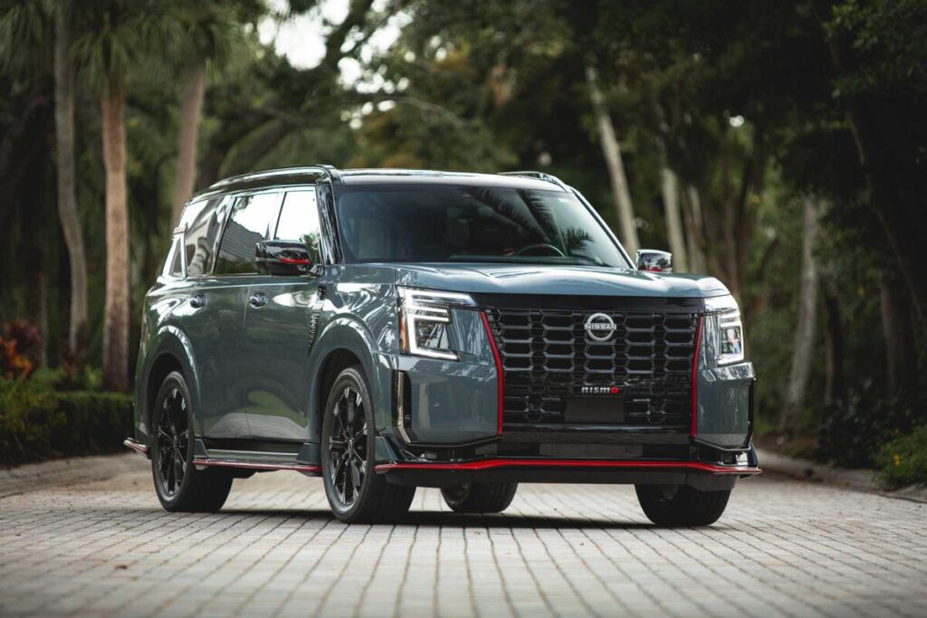 2026 Nissan Armada Nismo front 3/4 view on a tree lined street