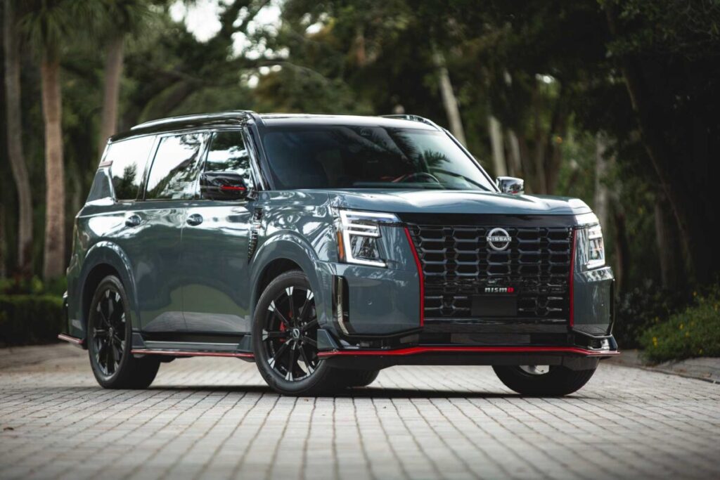 2026 Nissan Armada Nismo front 3/4 view on a tree lined street