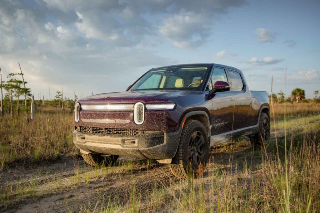 2026 Rivian R1T front end happily covered in dirt